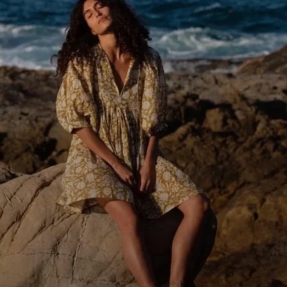 Daughters of India Women Kyra ¾ Sleeve Mini Dress Sz XL Olive Flowy Cotton Light - Picture 1 of 14